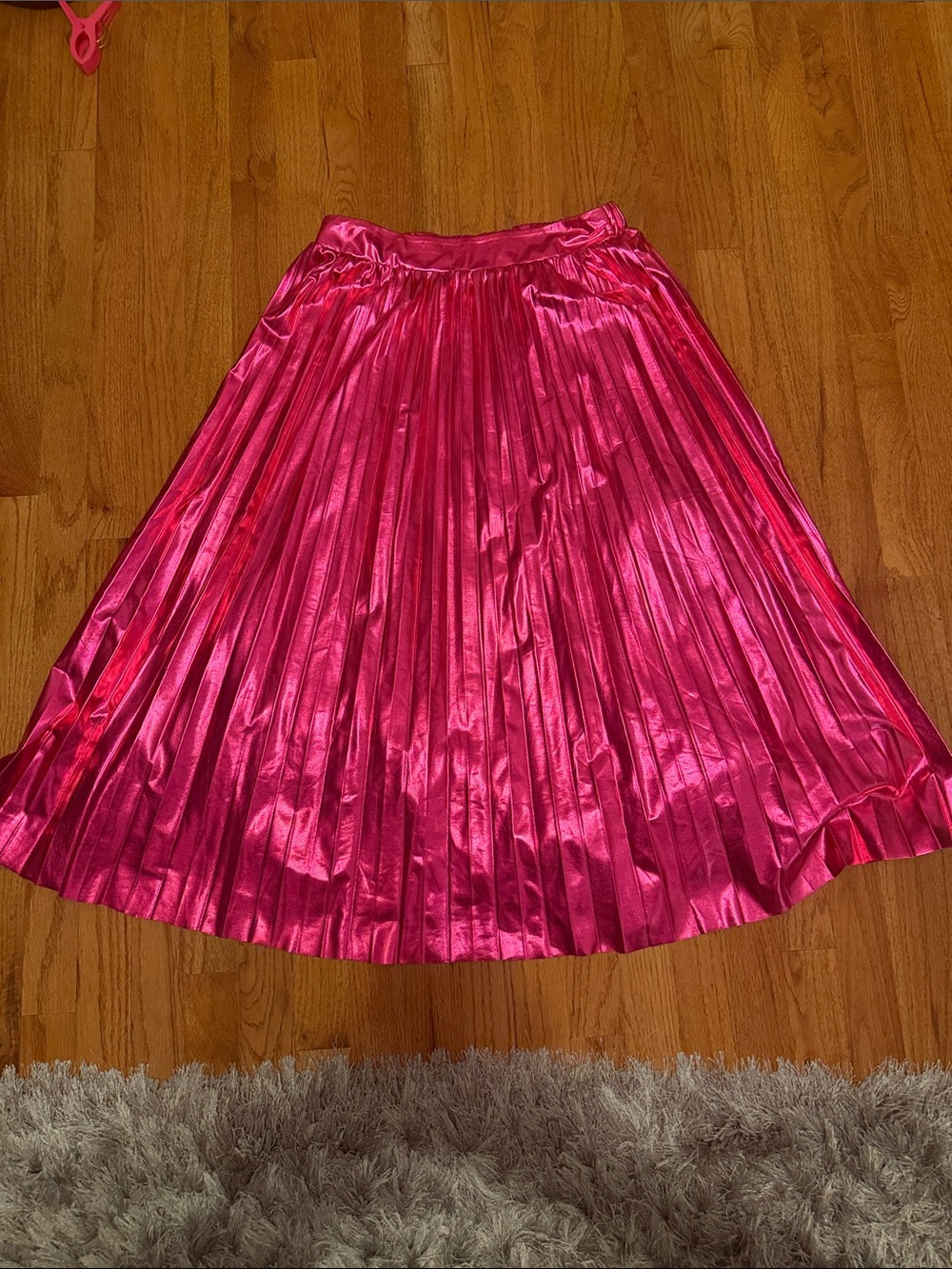 Pleated Metallic Midi Skirt in Hot Pink